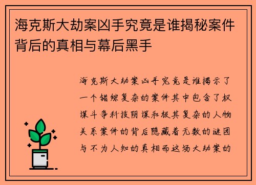 海克斯大劫案凶手究竟是谁揭秘案件背后的真相与幕后黑手